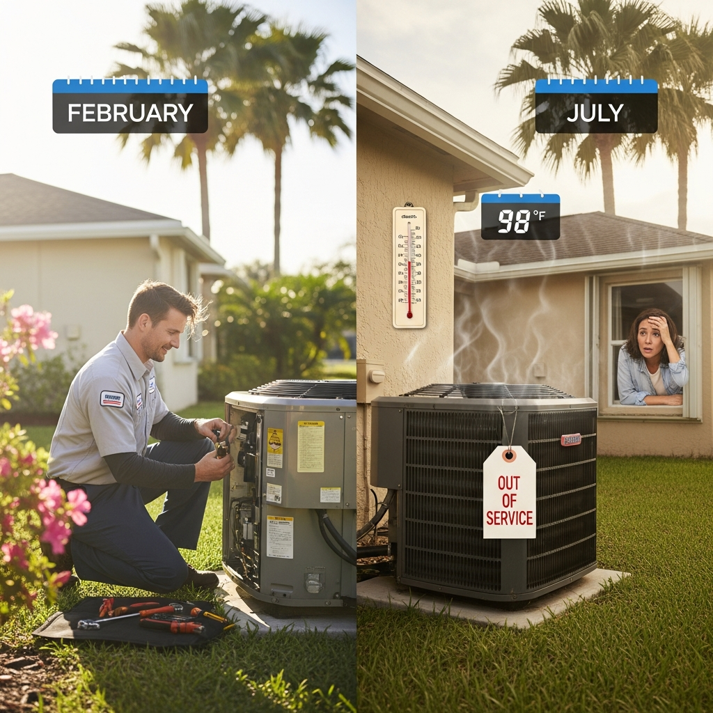 Comparison of preventive air conditioning maintenance in February versus summer breakdown showing benefits of early service