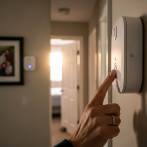 Homeowner installing or testing carbon monoxide safety detector on wall near bedroom for family safety protection