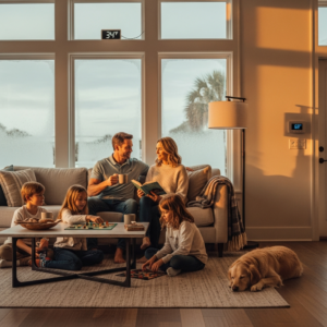 Family relaxing comfortably in warm Florida home during cold weather showing perfect indoor temperature control with dual fuel system