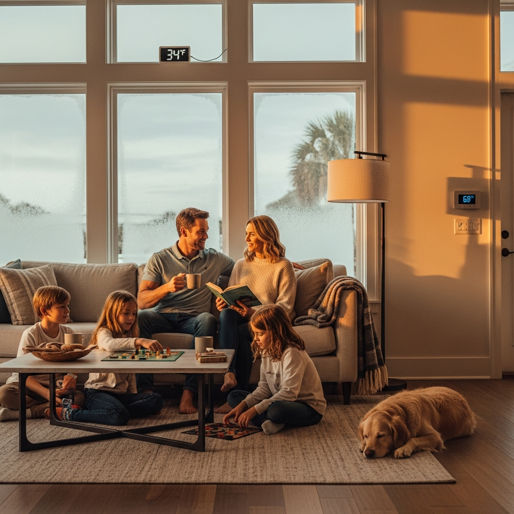 Family relaxing comfortably in warm Florida home during cold weather showing perfect indoor temperature control with dual fuel system