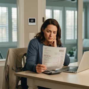 Homeowner reviewing high January energy bills showing increased heating costs in Florida home during winter
