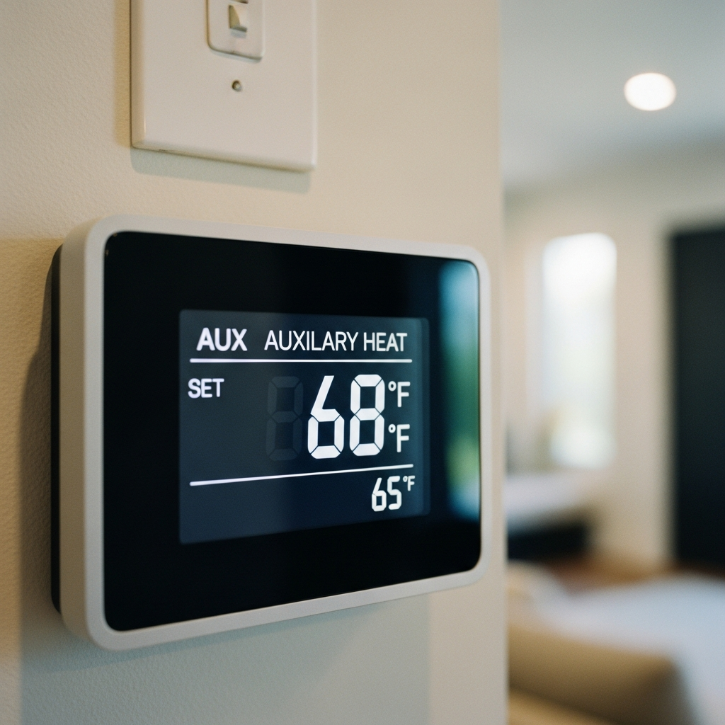 Digital thermostat displaying auxiliary heat indicator during cold weather heat pump operation