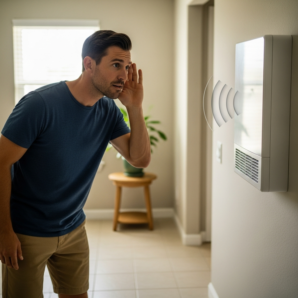 Homeowner listening to heating system making unusual noises in Florida home trying to identify furnace problems