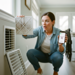 Homeowner installing new HVAC air filters with arrows pointing in correct direction toward air handler