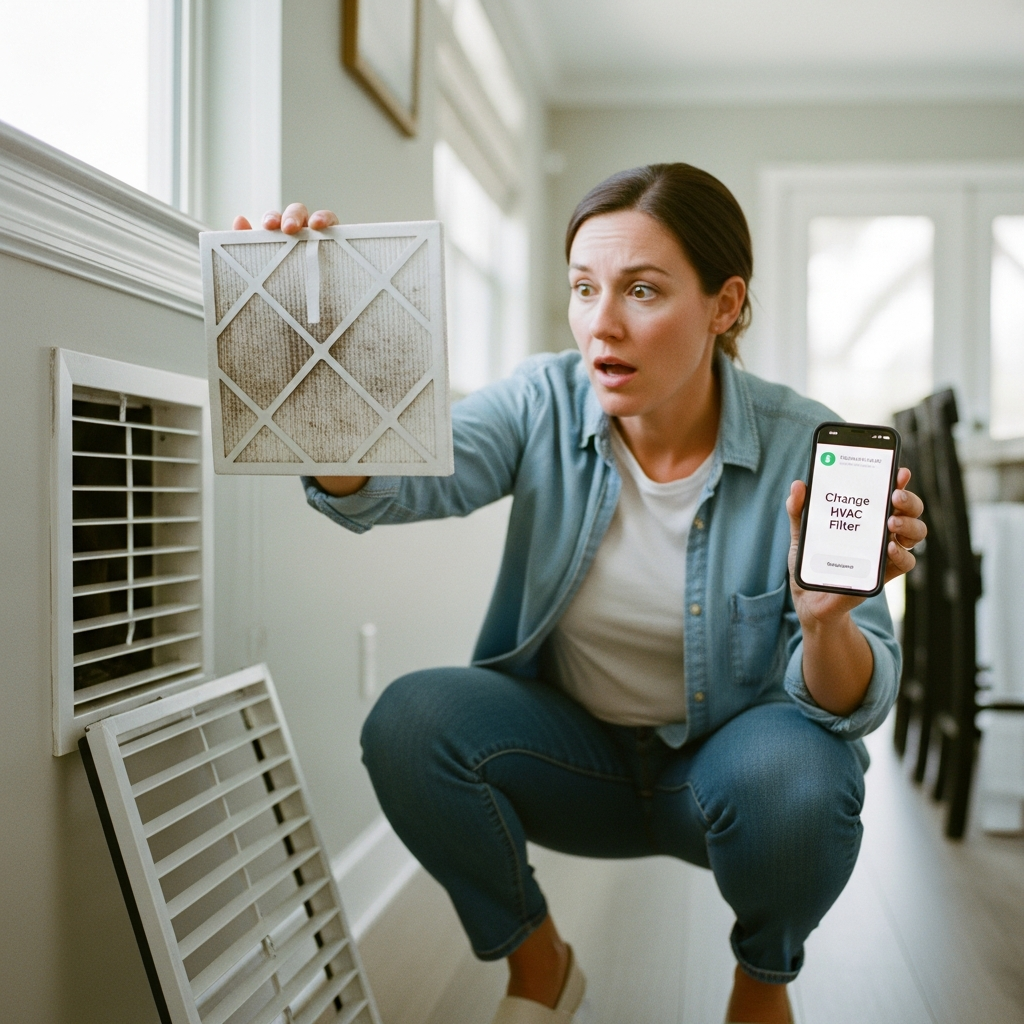 Homeowner installing new HVAC air filters with arrows pointing in correct direction toward air handler