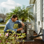 HVAC technician performing thorough February HVAC maintenance inspection on residential air conditioning unit in Florida