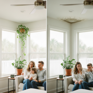 Comparison of healthy indoor air quality versus high humidity problems in Florida home showing mold and condensation