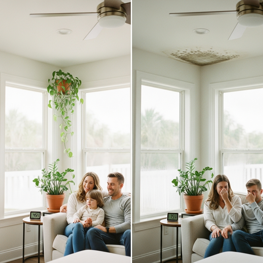 Comparison of healthy indoor air quality versus high humidity problems in Florida home showing mold and condensation