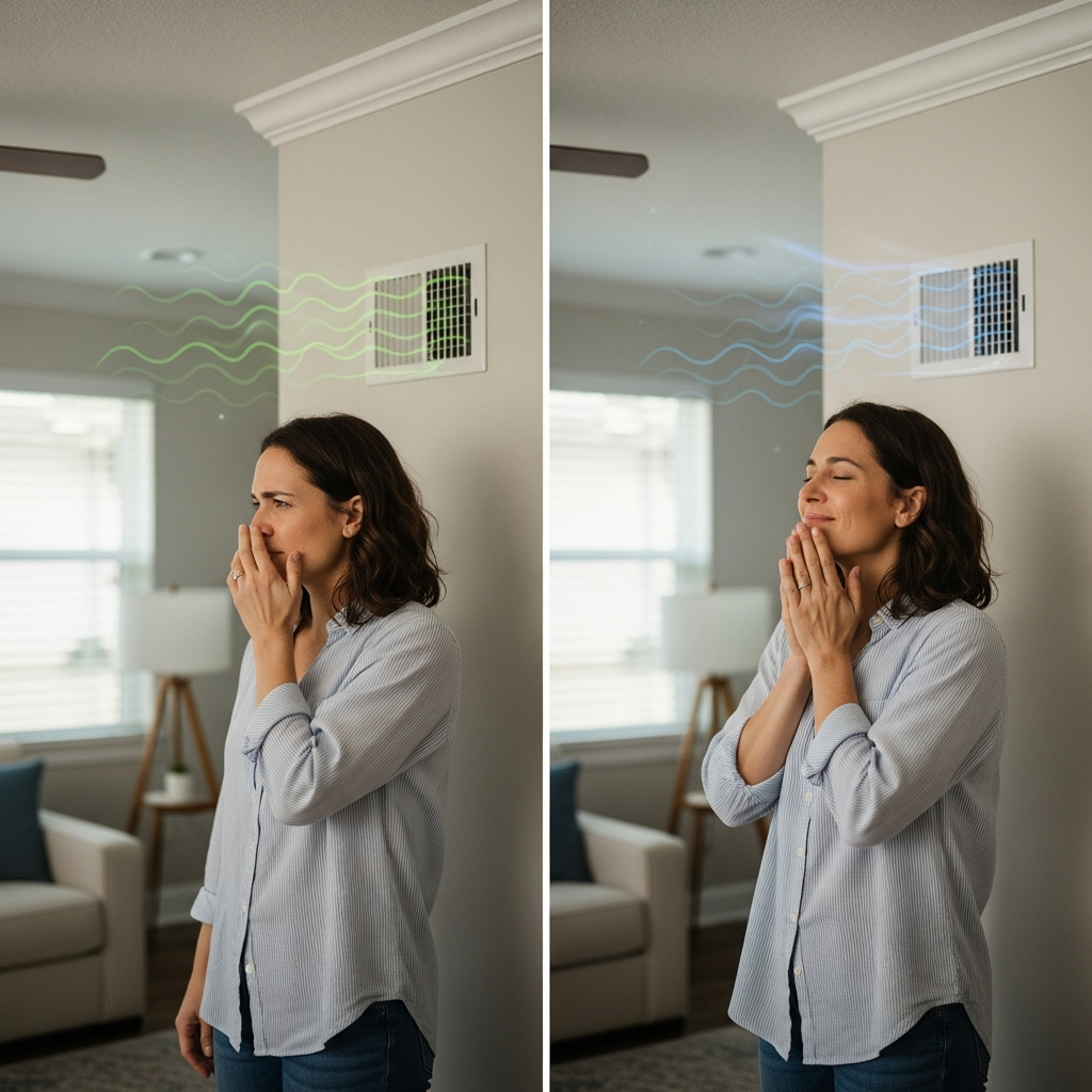 Homeowner reacting to musty smell from heating system and relief after HVAC cleaning eliminated mold odors